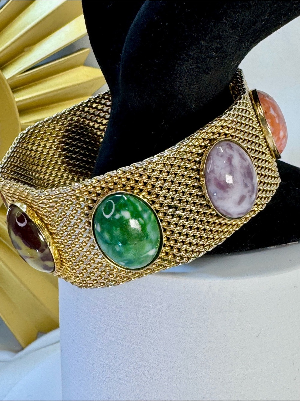 Sarah Coventry Gold Mesh Bracelet with Green, Purple, Pink Cabochons
